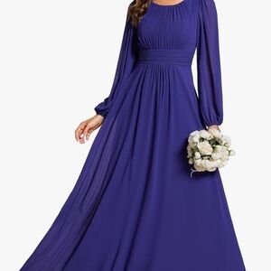 Blue Ruched Long Sleeve Wedding Gown